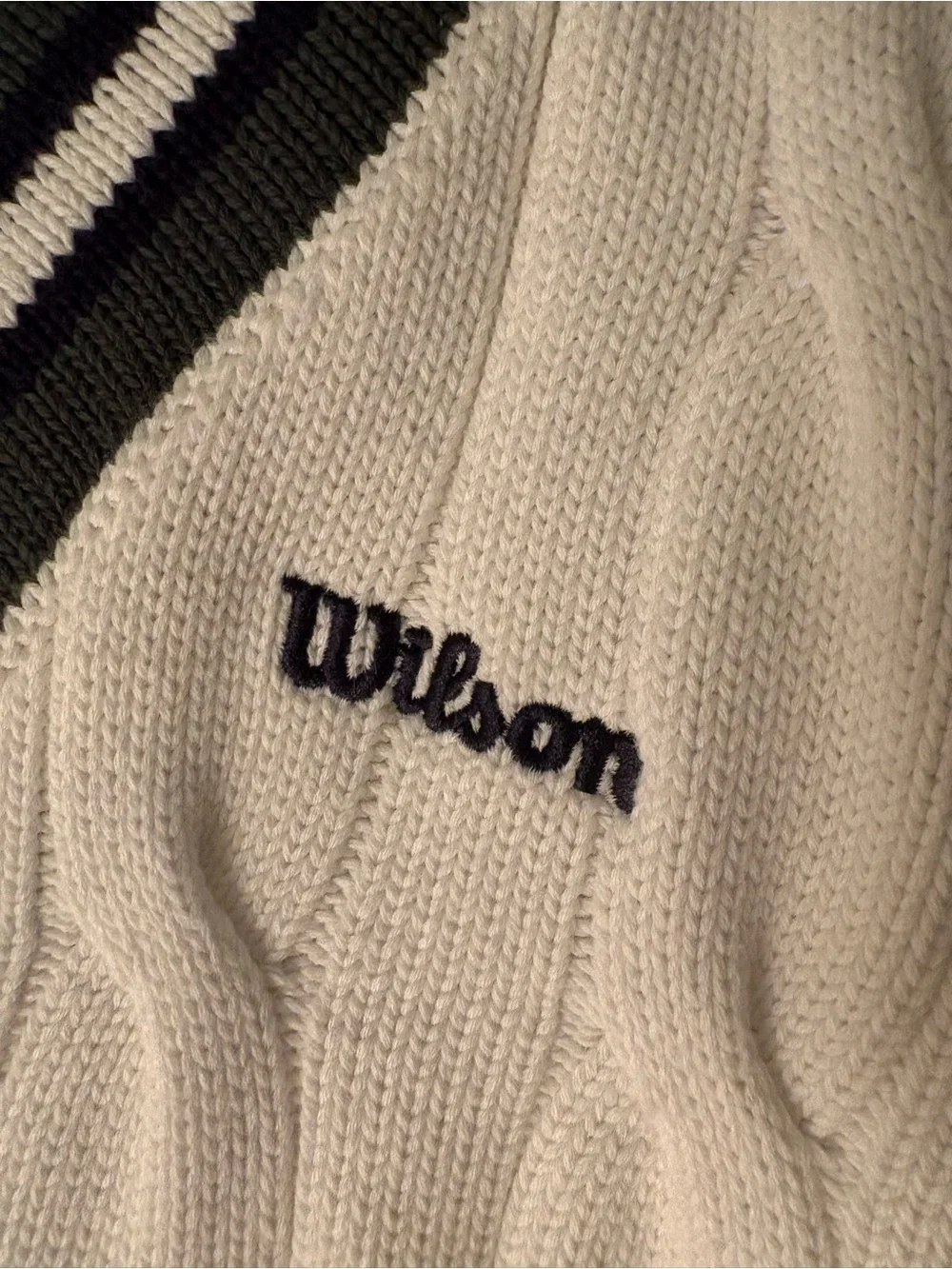 Wilson Cream Cable-Knit V-Neck Sweater with Navy Trim
